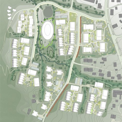 Illustrasjonsplan hagejordet lillehammer regulering boligprosjekt rekkehus mange bekker arkitektur oppland